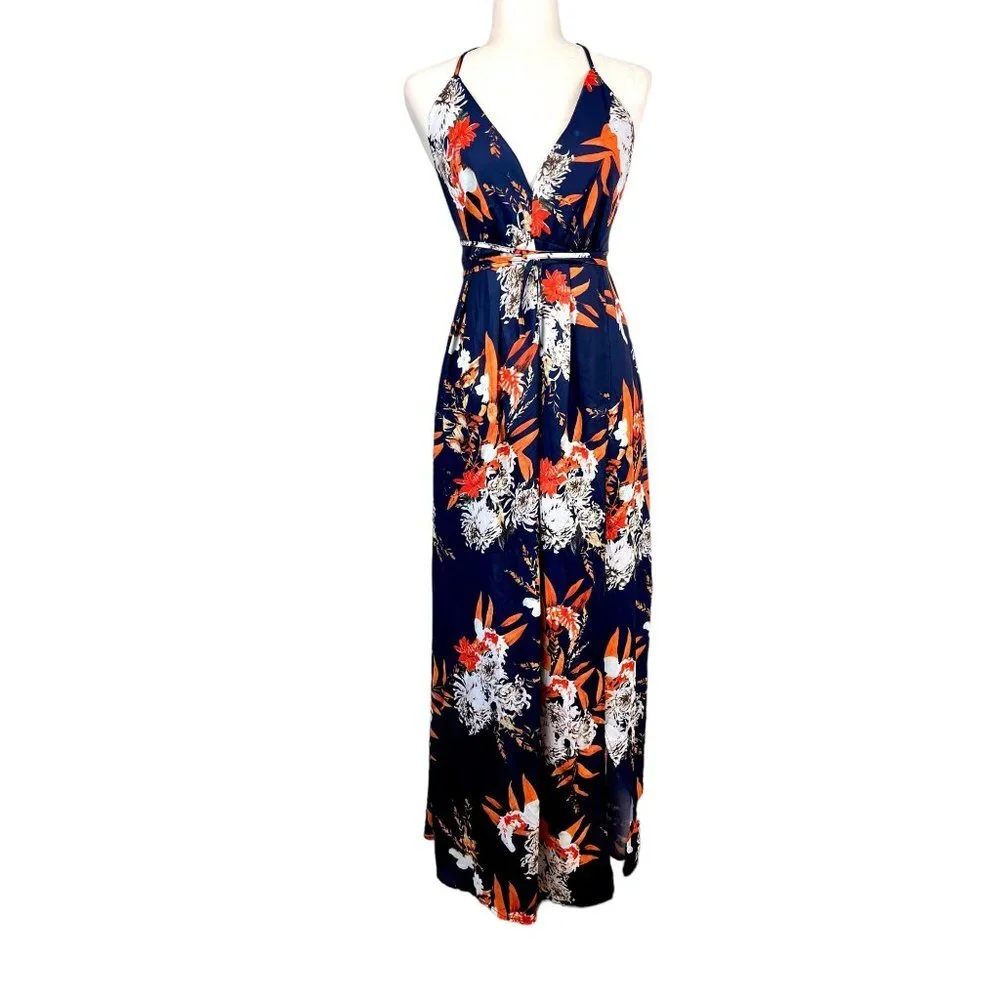 Simplee sienna sunset boho‎ maxi dress floral wrap , navy, Size S